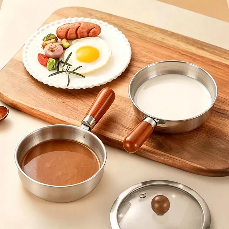 1pc Stainless Steel Pot with Heat-Resistant Wooden Handle - Induction Compatible, Non-Slip Base, Even Heat Distribution Milk Pot