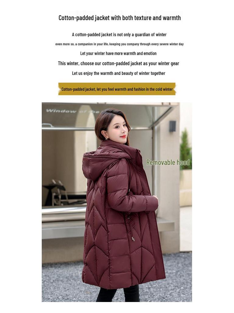 Women's Korean Style Mid-Length Cotton Coat with Detachable Hood - Loose Fit, Slimming, and Cold-Proof Winter Outerwear.