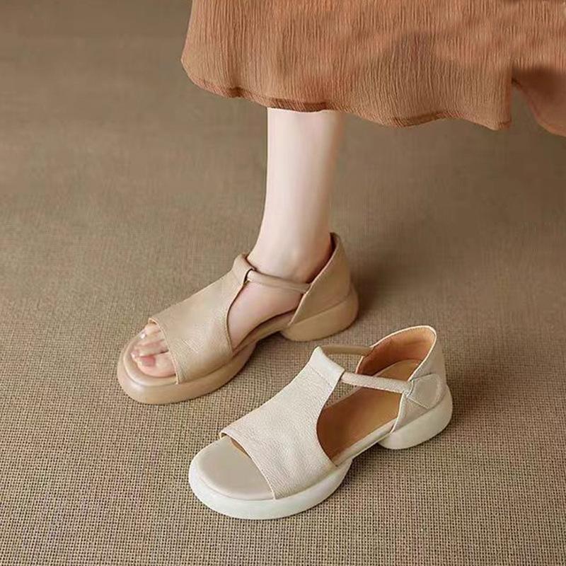 Simple magic wood sandals open-toed fairy round head fairy 2025 summer new products comfortable soft surface thick sole sticker casual women's shoes