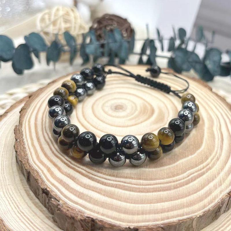 Double-layer Tiger-eye Obsidian Bracelet for Men, Knitted with Adjustable Black Magnets and Yoga Beads