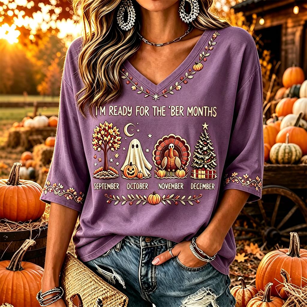 Women's Casual Thanksgiving Print V-Neck Pullover Top