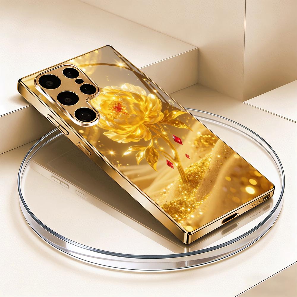 Golden rose patterned electroplated glass phone case suitable for Samsung Galaxy S26 S25 S24 S22 S21 S20 FE/Ultra/Plus anti drop