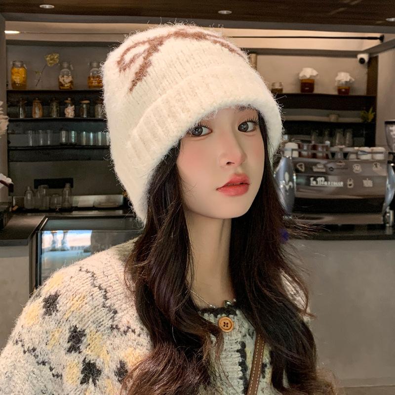 Sweet and Cute Bow Jacquard Knitted Cold Hat Autumn and Winter Casual Versatile Warm Hat Outdoor Cold Hat Women
