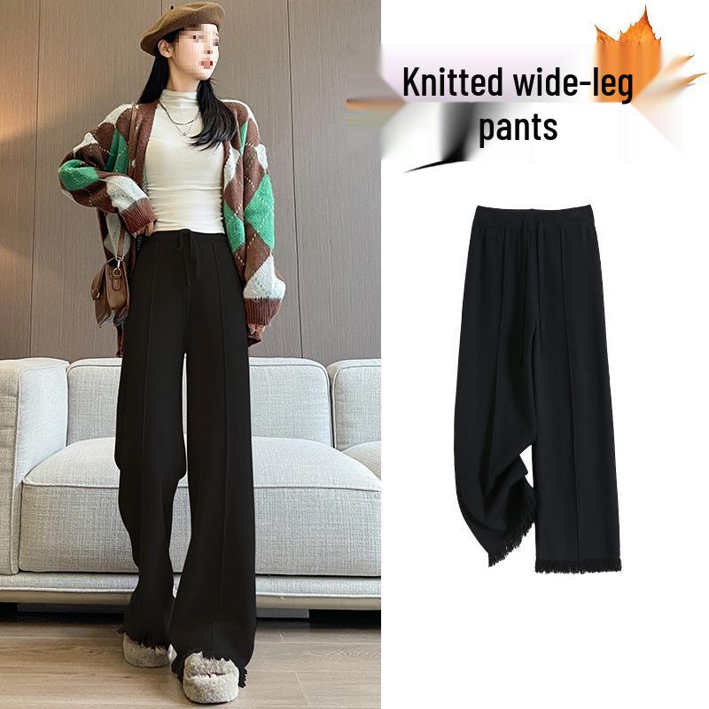 

Soft & Cozy High-Waisted Wide-Leg Knit Pants – Women s Autumn/Winter Thickened Long Straight-Leg Design Large