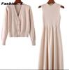 Autumn Cardigan Dress Two-piece Elegant Temperament Suit Mid-length Style Waist Slimming Over The Knee Knitted Dress