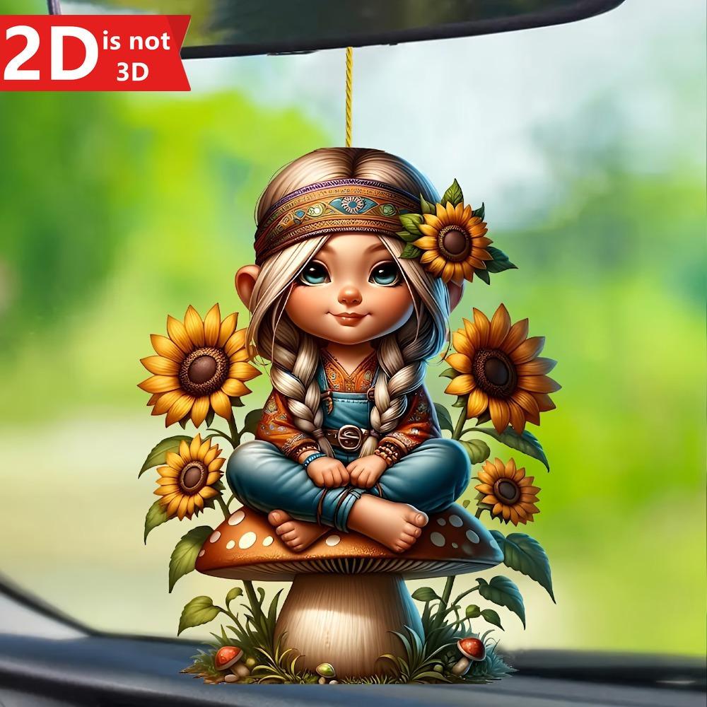 

2D sunflower & mushroom girl accessory for cars, bags, and keys. A perfect holiday gift. чистый