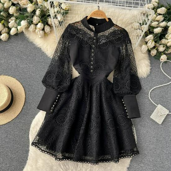 Elegant French Bellflower Lace Dress - Spring/Autumn Ruffle Princess Style