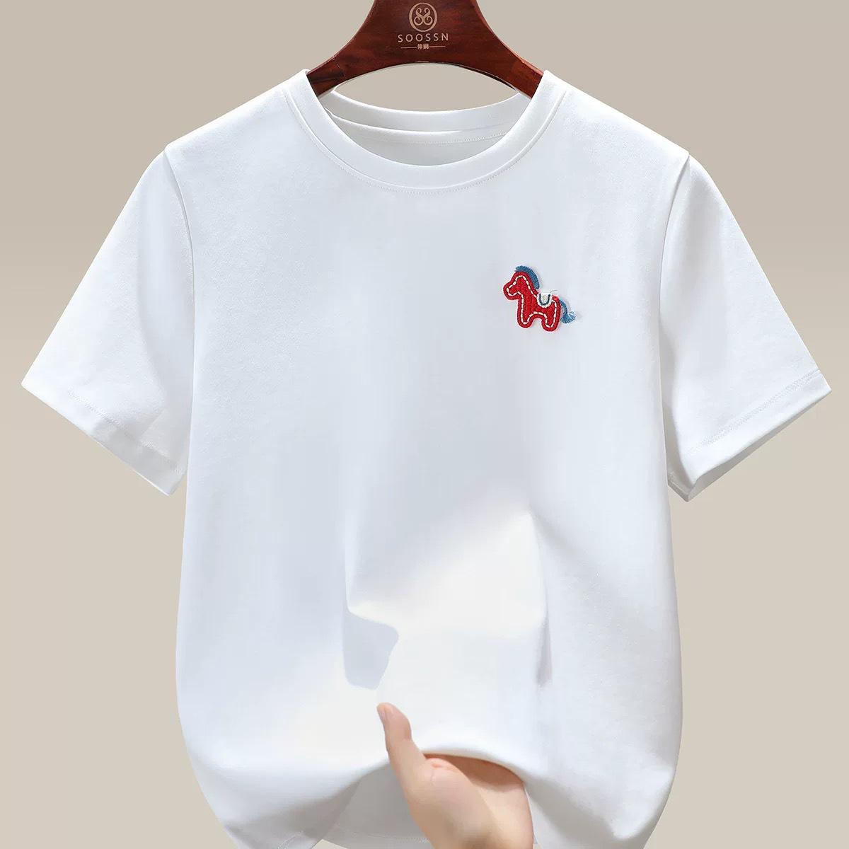 Shunbang Women s White Double-Sided Knit Cotton Short Sleeve T-Shirt - Spring Collection Large