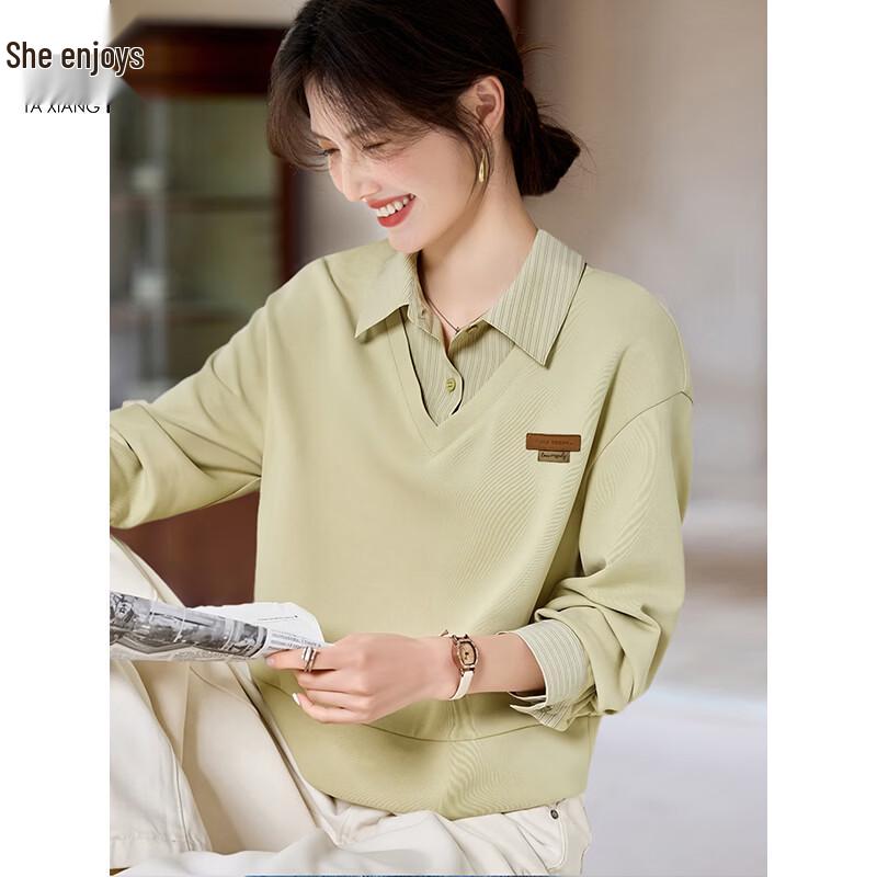 Women s Faux Two-Piece Lapel Sweatshirt L