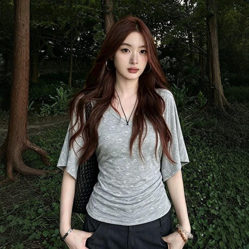 V-neck Kitty Print Bat Short-sleeved T-shirt Women's Summer Spice Slim and Thin Versatile Top