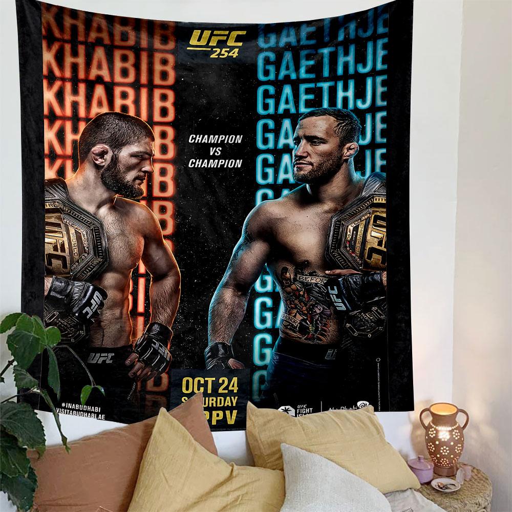 Two fighters face each other with their names repeated as background text. Patterned tapestry for bedroom and living room home decor