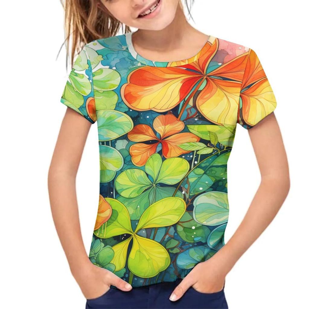 Kids T-shirt 3d Print Children's T-shirt Short Sleeved Loose Girls' Top 3D Fresh Clover T-shirt