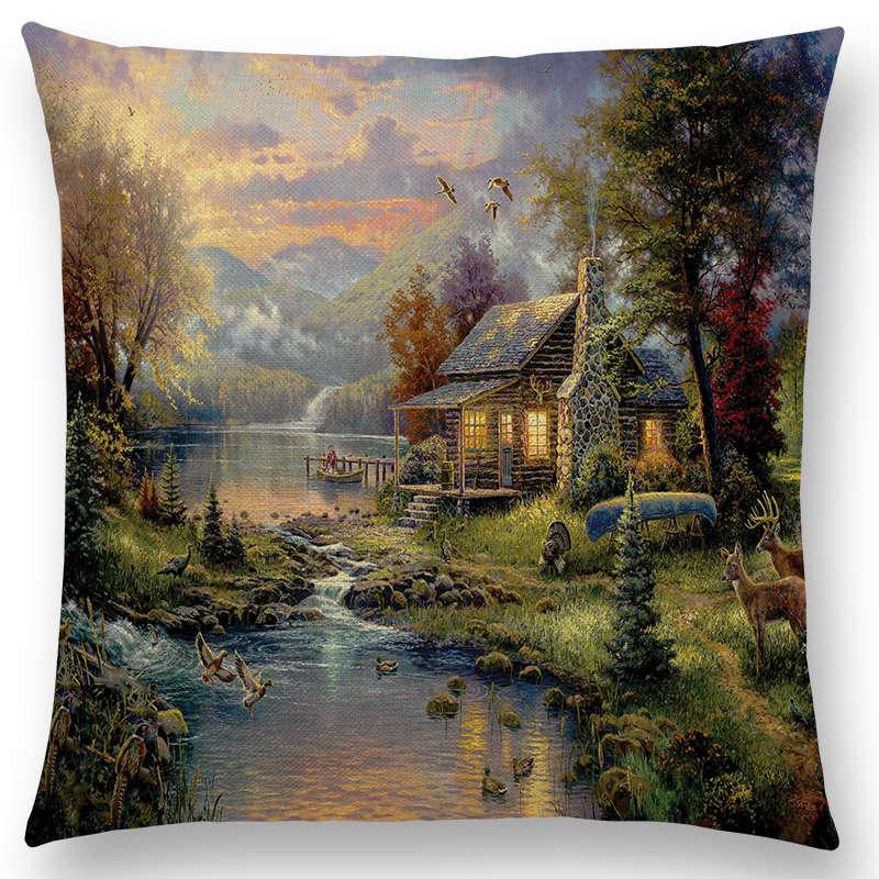 Home Decor Rustic Oil Painting Cushion Cover Beautiful Landscape Castle Lighthouse Sofa Pillow  Bedroom