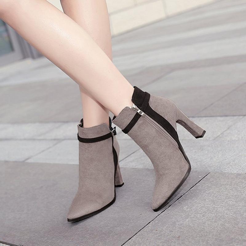 Simple short women's boots thin heel high heel suede splicing pointed sexy nightclub slim short boots