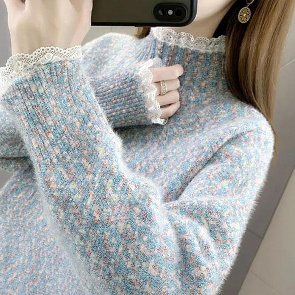 Lace Half High Collar Sweaters Women's Autumn and Winter Large Size Loose Bottom Knitted Pullovers Casual Print Jumpers