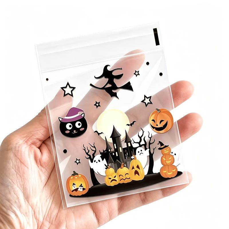 100 ks malých halloweenských sáčků na sladkosti, průhledné samolepicí sáčky na bonbony, plastové sáčky na sušenky pro Trick or Treat, halloweenské sáčky na drobnosti