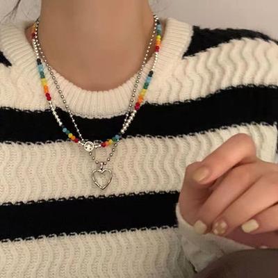 Smiley Love Necklace Women'S Tide Hip Hop Double Layer Stacked Sweater Chain Men'S Acrylic Color Beaded Clavicle Chain