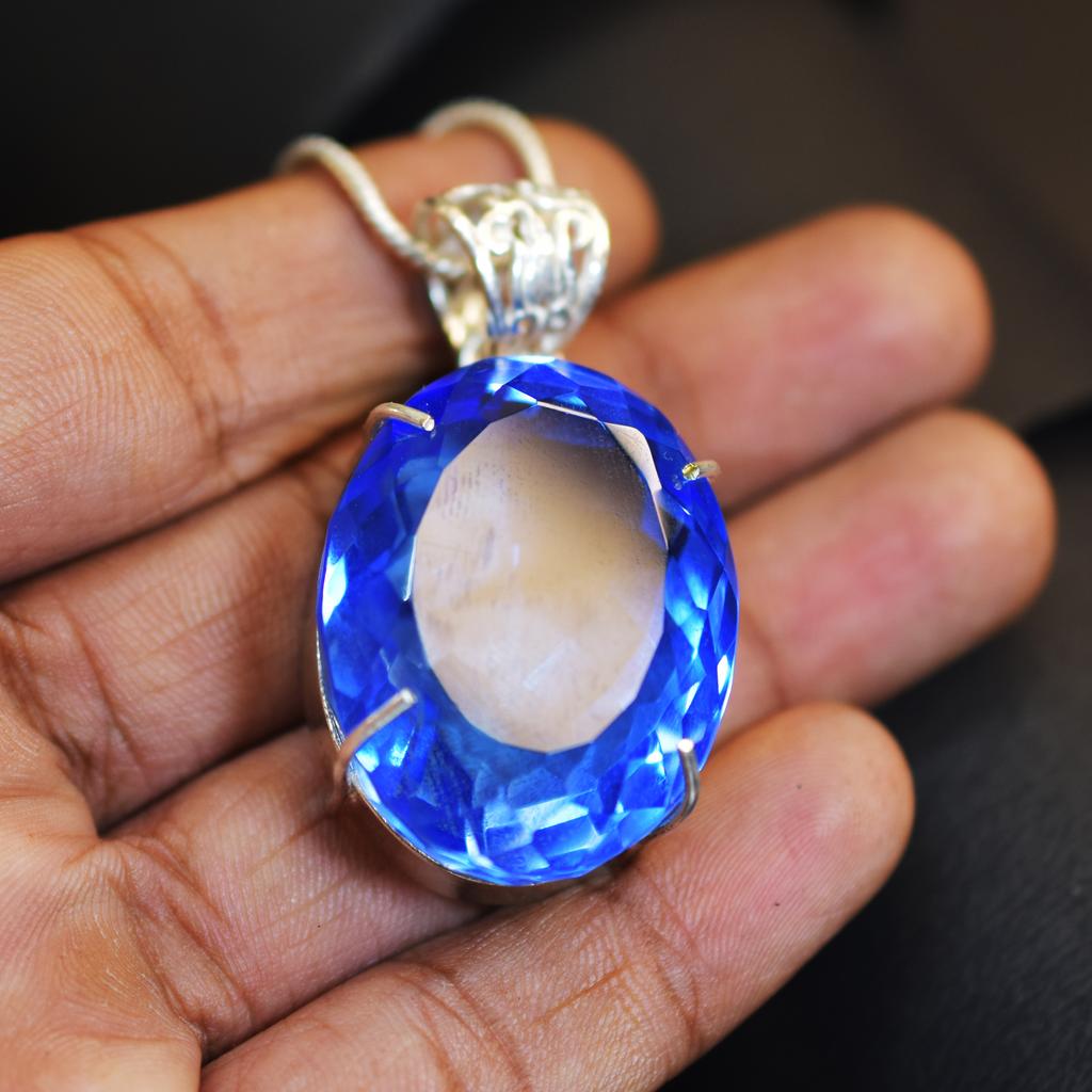 NATURAL Blue Topaz Pendant Oval 126.45 Ct Gems 925 Sterling Silver CERTIFIED My-402-k