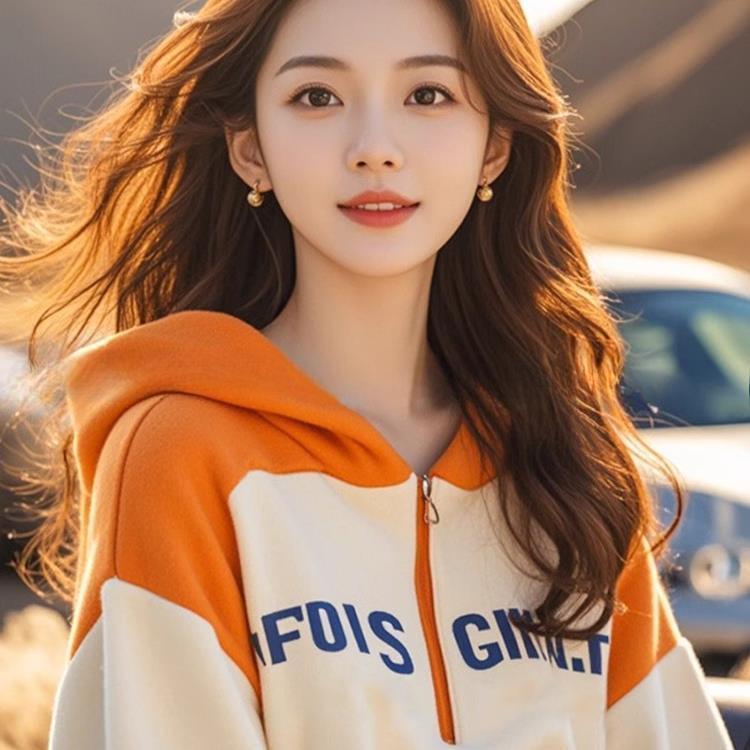 This Year's Fashion Is Early Autumn, with A Sense of Small Design and Orange Contrast, Thin Hooded Sweater and New Women's Style.