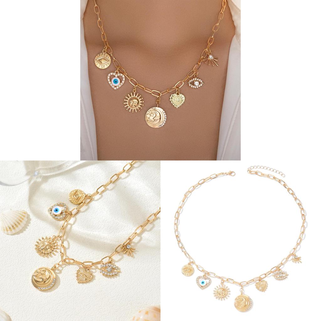 Devil Eye Heart Chain Necklace With Alloy Pendant And Geometric Star Design For Girls