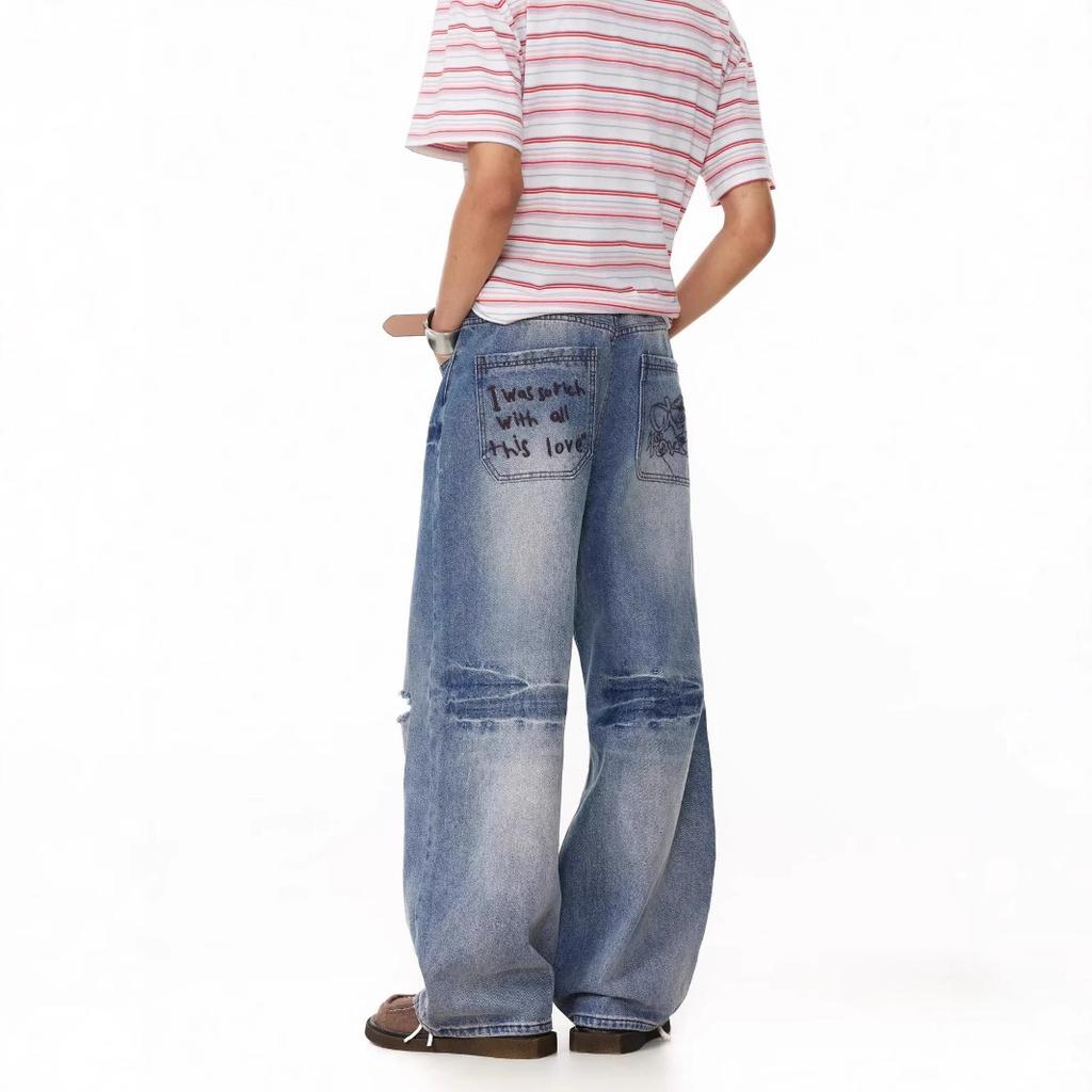 JYL Mens Jeans Vintage Ripped Distressed Loose Straight Floor-length Denim