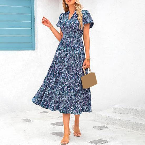 Vestido de mujer V Big Swing Flor Manga de burbuja Cuello pequeño Estampado corto Línea A Cintura alta