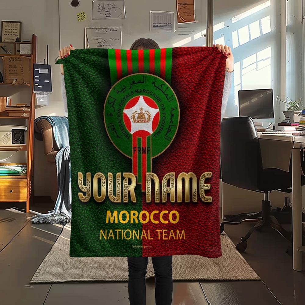 1PC Moroccan Football Crest Custom Name Patterned Flannel Blanket Suitable For All Seasons For Home Decor Warmth And Comfort Gifts Holiday Present