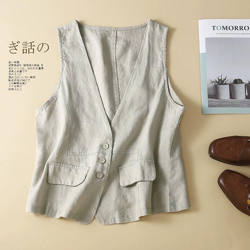 Literary Retro Linen Vest Summer V-neck Casual Sleeveless Vest Cotton and Linen Thin Outer Wear Vest Jacket