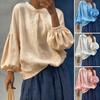 Women Shirt Round Neck Puff Long Sleeves Asymmetrical Hem Side Buttons Loose Fit Casual Summer Tops Daily Wear