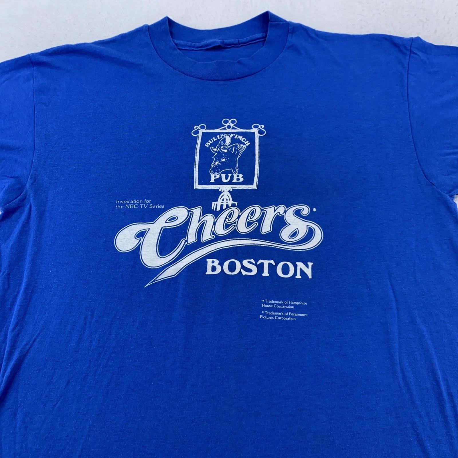

Vintage Cheers Boston Shirt Mens M/L Blue Bull Finch Pub NBC TV Bar Comedy 90s L
