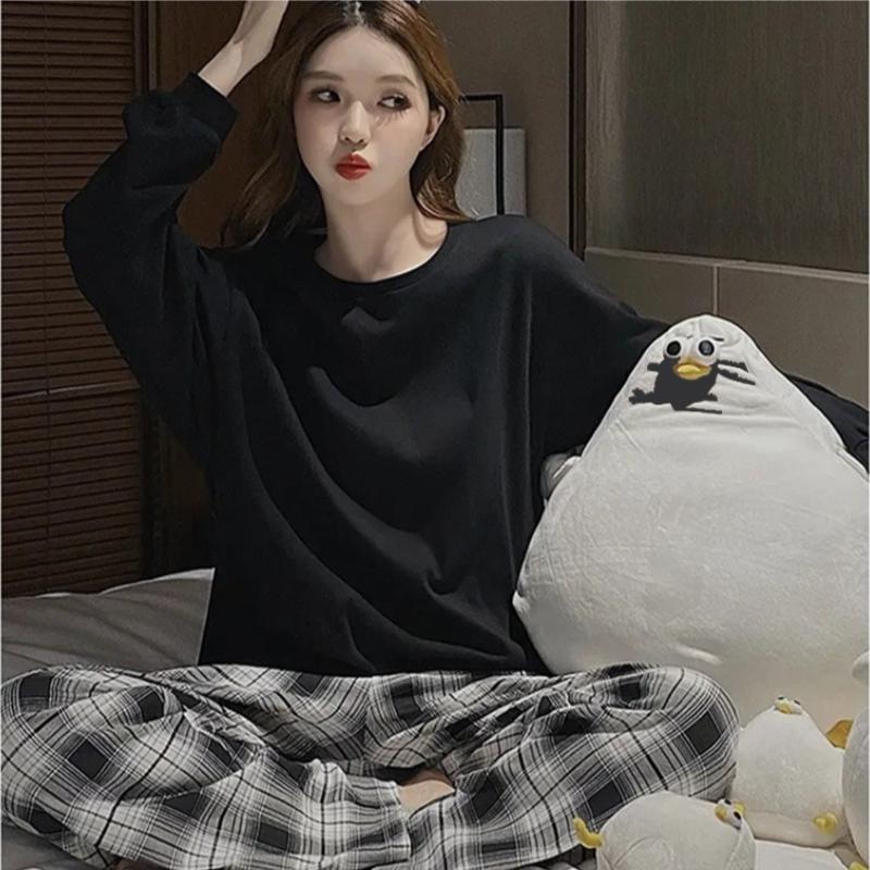 

Пижама для беременных, комплект из 2 предметов с нагрудными накладками, весна-осень, с длинными рукавами, свободная одежда для отдыха на открытом воздухе, женская домашняя одежда, одежда для кормления грудью L чёрный