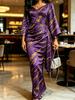 Abito Lungo da Donna Stampa Marmo Viola Oro Manica Kimono Scollo a V Ruches in Vita Avvolgente Bodycon Elegante