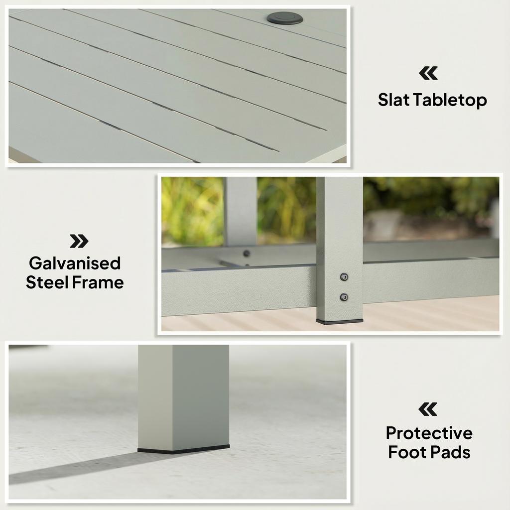 Rectangle Garden Table with Parasol Hole, Outdoor Dining Table for 6, Patio Table for Balcony, 150cm x 90cm, Light Grey