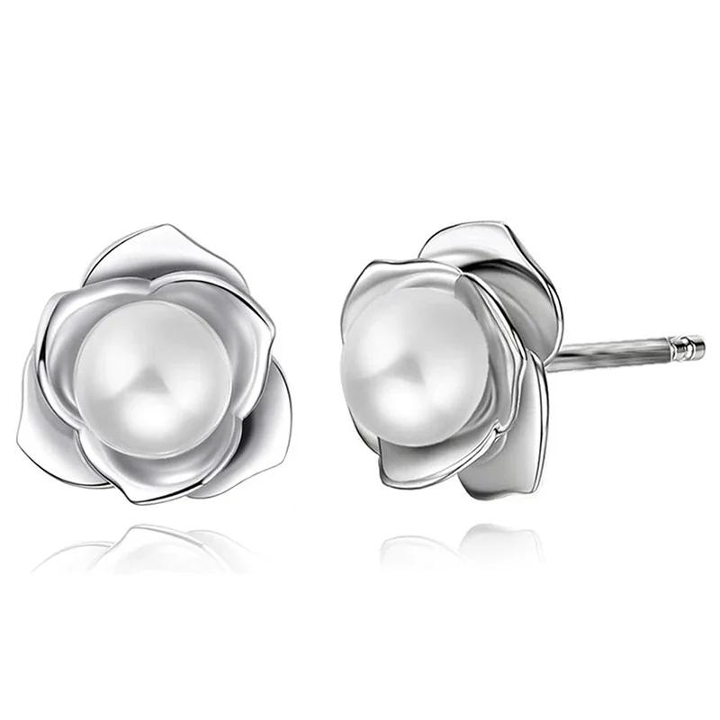 Delicati Orecchini a Bottone a Forma di Fiore Accessori da Fidanzamento Femminili Gioielli Eleganti con Perle Simulate per Cerimonia Nuziale