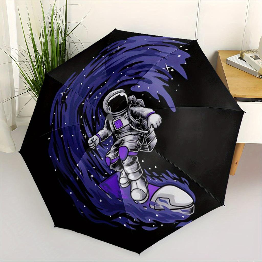 Automatic Open/Close Astronaut Surfing Cosmic Waves Umbrella - 8-Rib Compact Folding Umbrella with Space-Themed Design, Purple