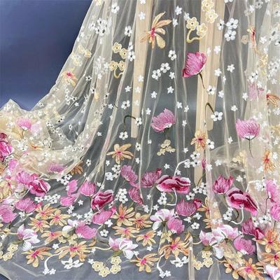 Tecido Bordado de Flores Largo 130cm Tule Macio Rendas Nigerianas Tecidos Vestido de Noiva Vestido de Festa Cheongsam Apliques Artesanato