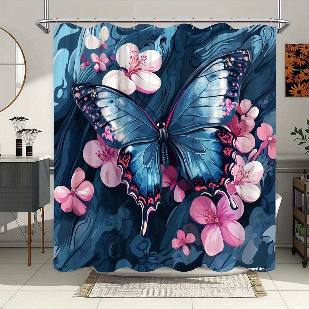 1Pc Shower Curtain - Blue Butterfly & Pink Cherry Blossoms Abstract Art Design, Durable Polyester Fabric, 70.8X70.8 Inches With