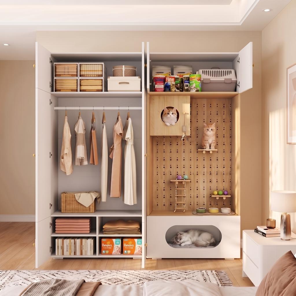Kleiderschrank-Set, Haustierschrank, 180 x 50 x 200 cm, mit Kleiderstange, Katzenkletterwand und Kissen, für Schlafzimmer, Wohnzimmer und Flur, Weiß+Holzoptik