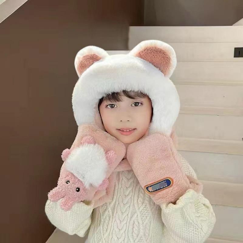 Winter children's hats three-piece baby scarf gloves integrated ear protection hats boys and girls thickened hats super cute