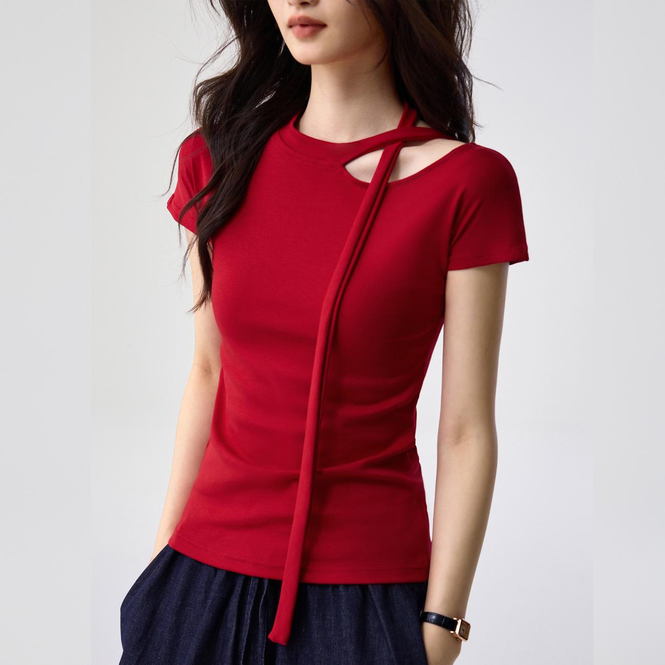 40s Cotton Off-Shoulder Halter Top: Trendy Women s Short Sleeve Fashion Slim Fit Medium