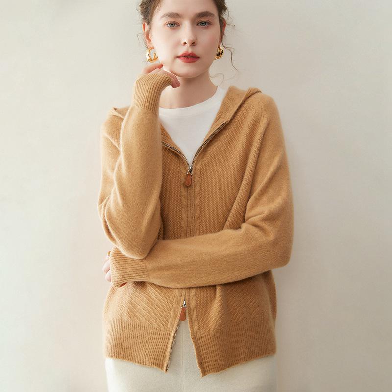 Elegant Hooded Cashmere Knit Cardigan for Women - Cozy, Loose Fit, Thick Zipper Sweater Coat