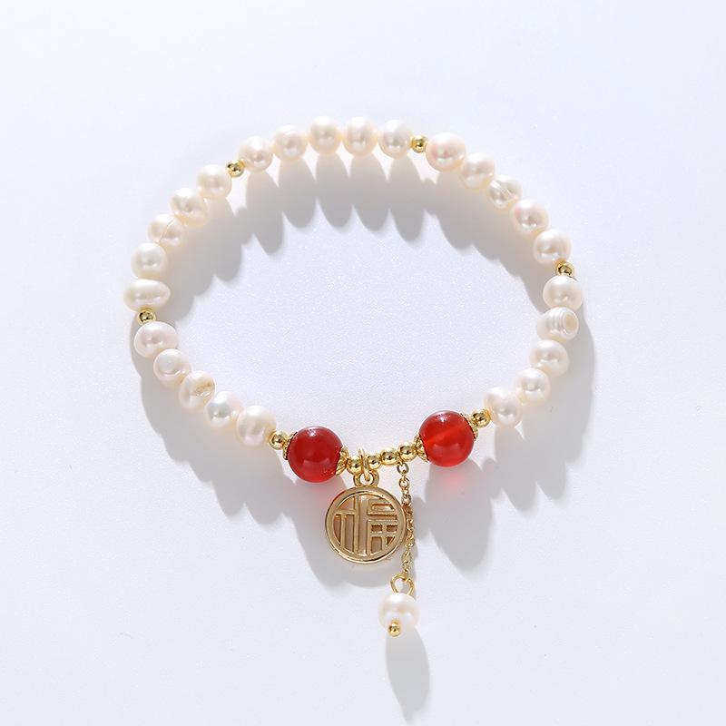 Red Agate Engraved Freshwater Pearl Bracelet Fashion Women Daily Jewelry Lucky Gift