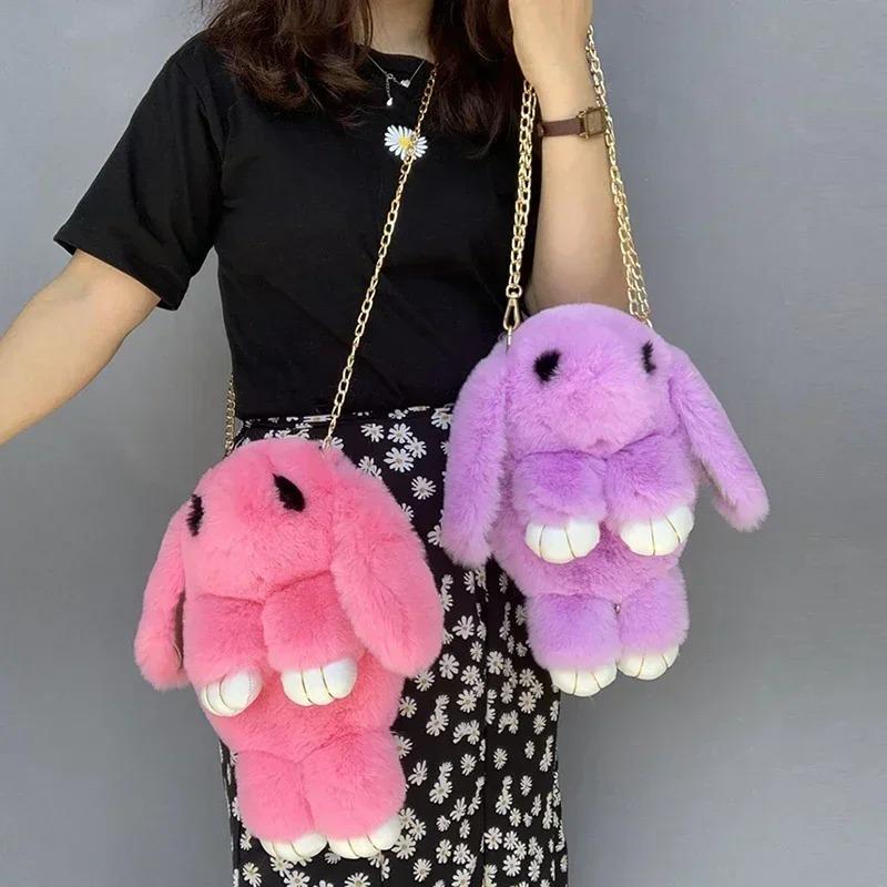 Niedliche flauschige Pompons aus Kaninchenfell Kettentasche Damen Cartoon Hase Umhängetasche Flauschiger Hase Schulterplüschrucksack Mädchen Geburtstagsgeschenke