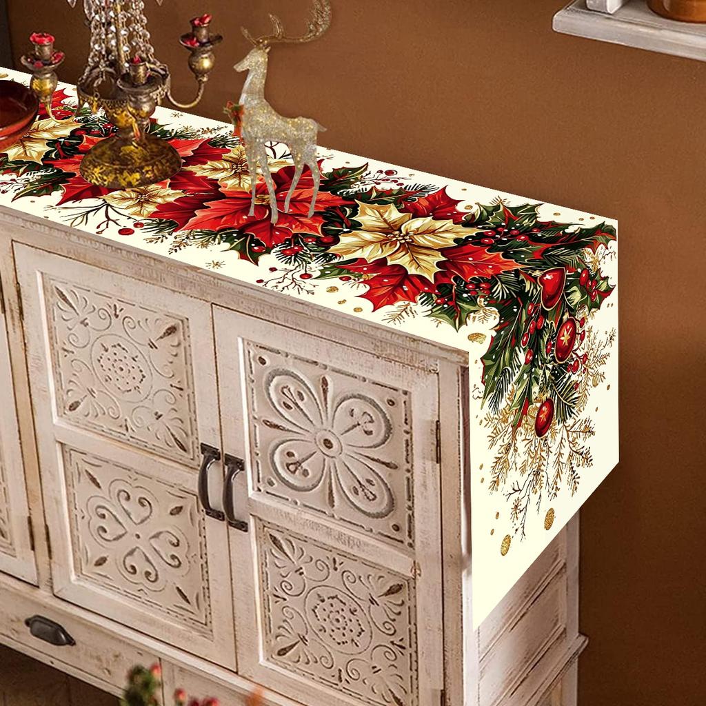 1pc Christmas Table Runner Retro Poinsettia Polyester Table Cover Christmas Decorations for Home 2026 New Year Party Supplies