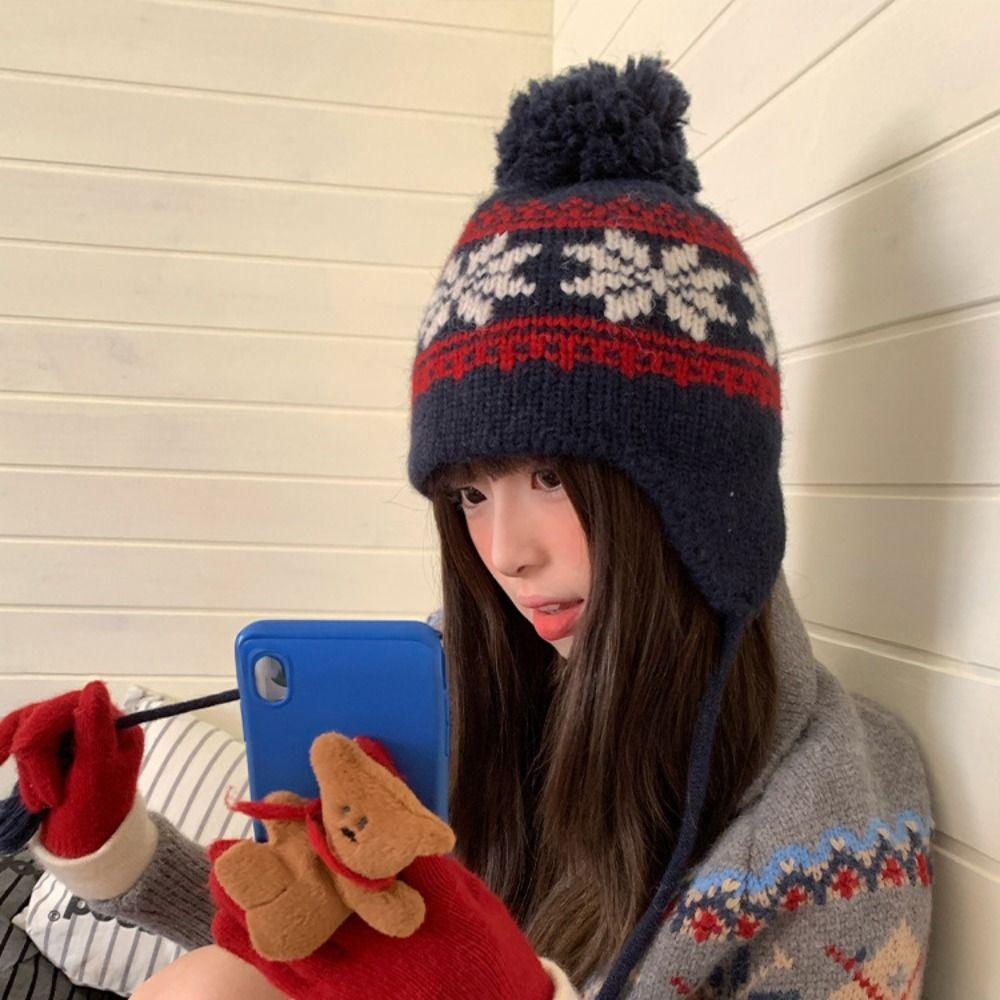 Warm Knitted Pullover Hat Korean Style Beanies Cap Sweet Jacquard Woolen Hat Autumn