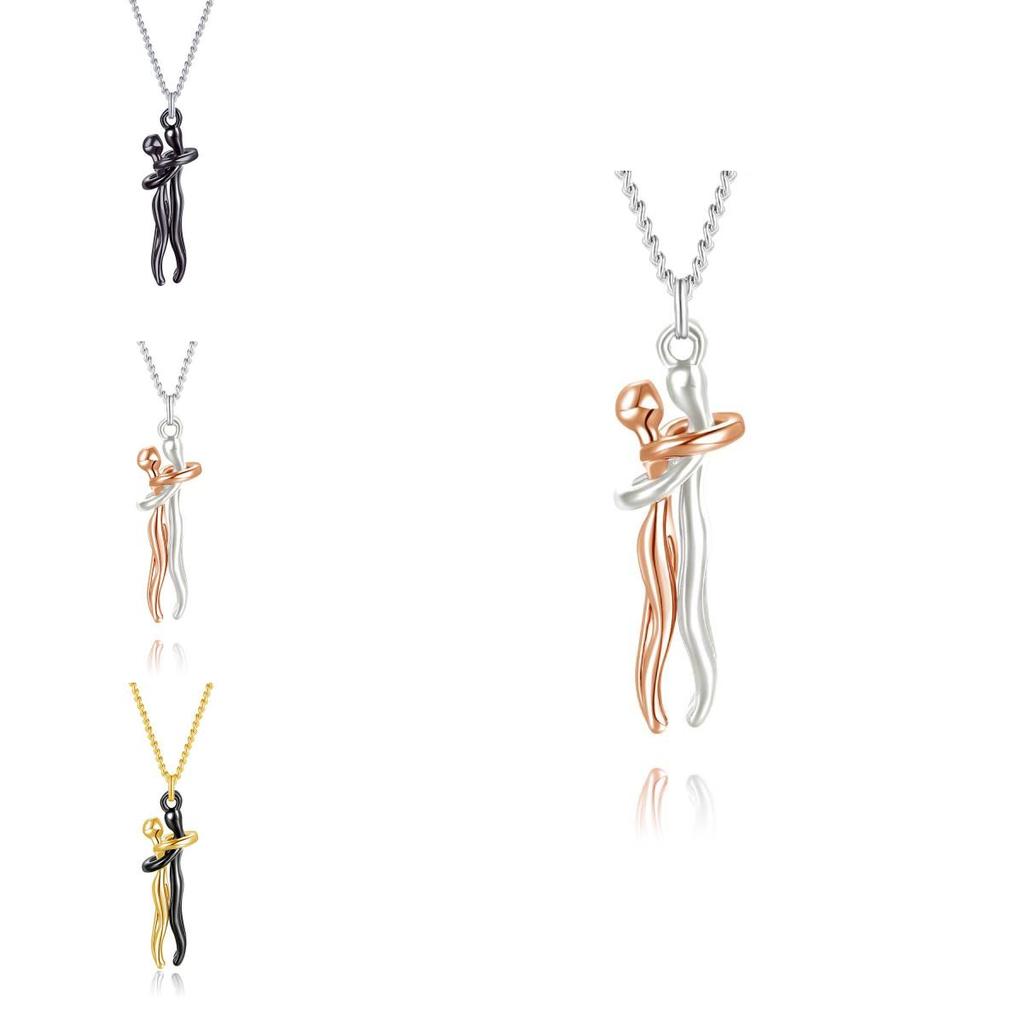 Romantic Couple Embrace Necklace Geometric Design 925 Silver Pendant Necklace