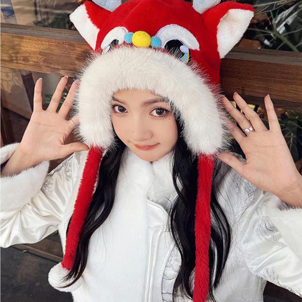 Dragon & Lion Dance Scarf Hat for Women Plush Ear Flap Hat for Girl Universal Windproof Warm Hat for Outdoor Activity