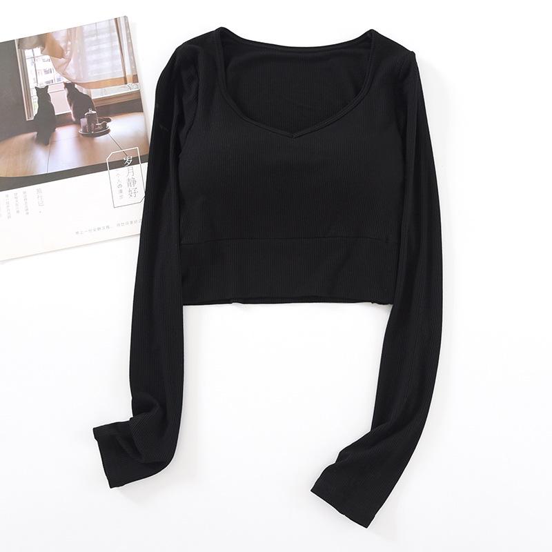 

Women s V-Neck Cropped Long Sleeve T-Shirt with Built-in Bra Extra Large