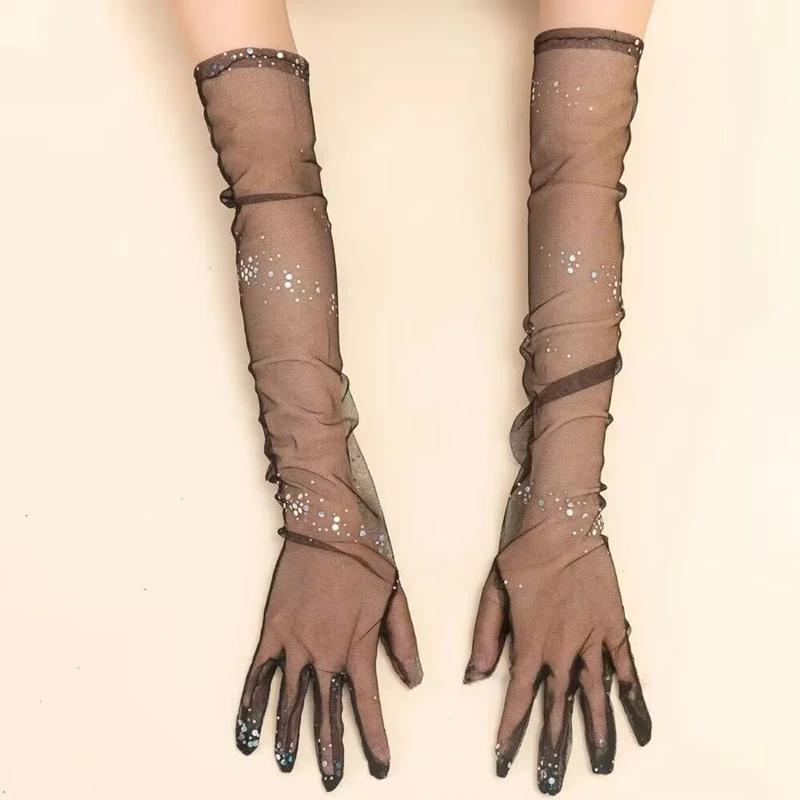 Pearl Mesh Bridal Wedding Dress Tulle Gloves Long Dinner Party Sheer Gloves Travel Pography Accessories