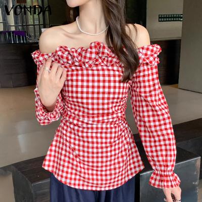 Γυναικείες Φθινοπωρινές Μπλούζες με Βολάν Εκτός Ώμου Καρό Μακρυμάνικες